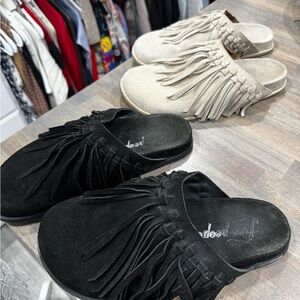2 Free People Fringe Mules size 8/9 (38)- Black and Beige